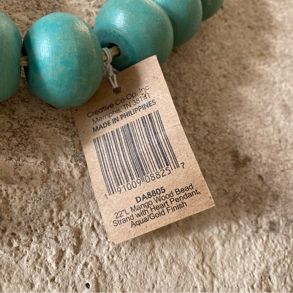 Large 22” mango wood beaded necklace with heart. Made in Philippines. - Picture 5 of 6